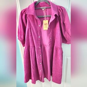 ENTRO Babydoll Dress Fuschia Corduroy Button Down Puff Sleeve Boho NWT Size S